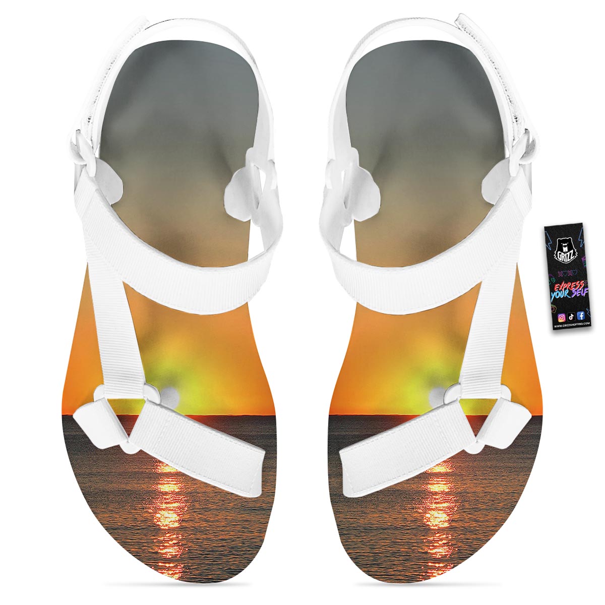 Sunset Over Sea Print White Open Toe Sandals-grizzshop