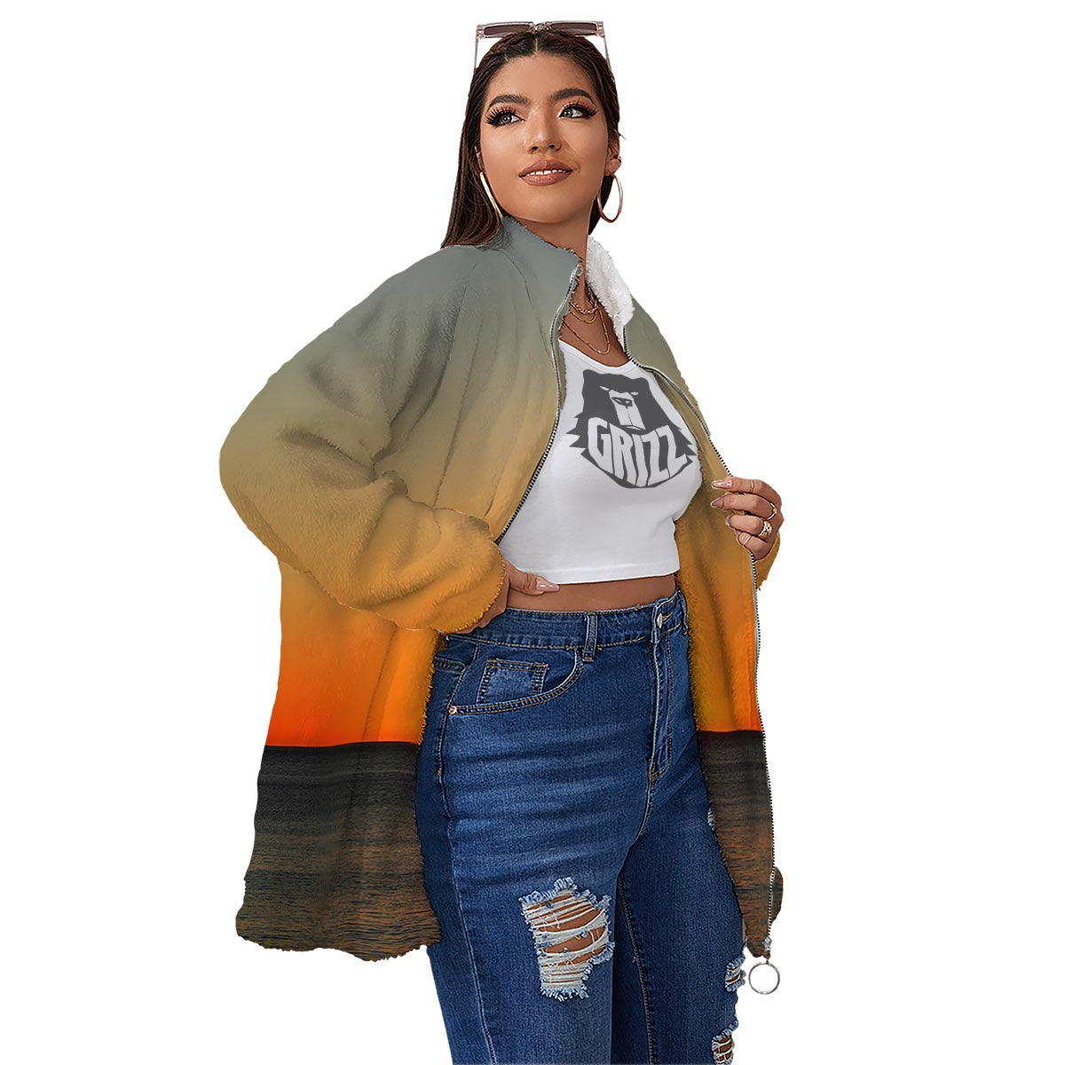 Sunset Over Sea Print Women's Sherpa Jacket-grizzshop