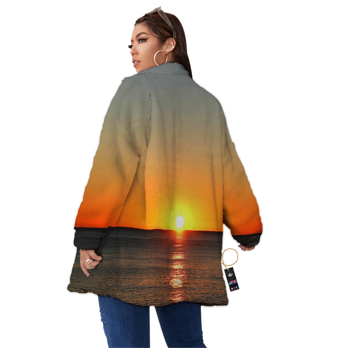 Sunset Over Sea Print Women's Sherpa Jacket-grizzshop