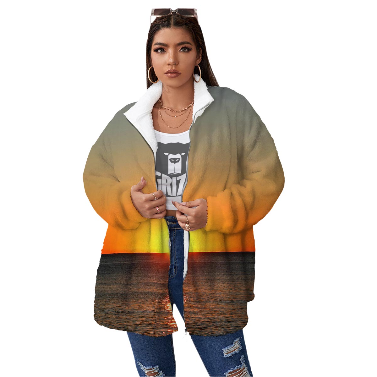 Sunset Over Sea Print Women's Sherpa Jacket-grizzshop