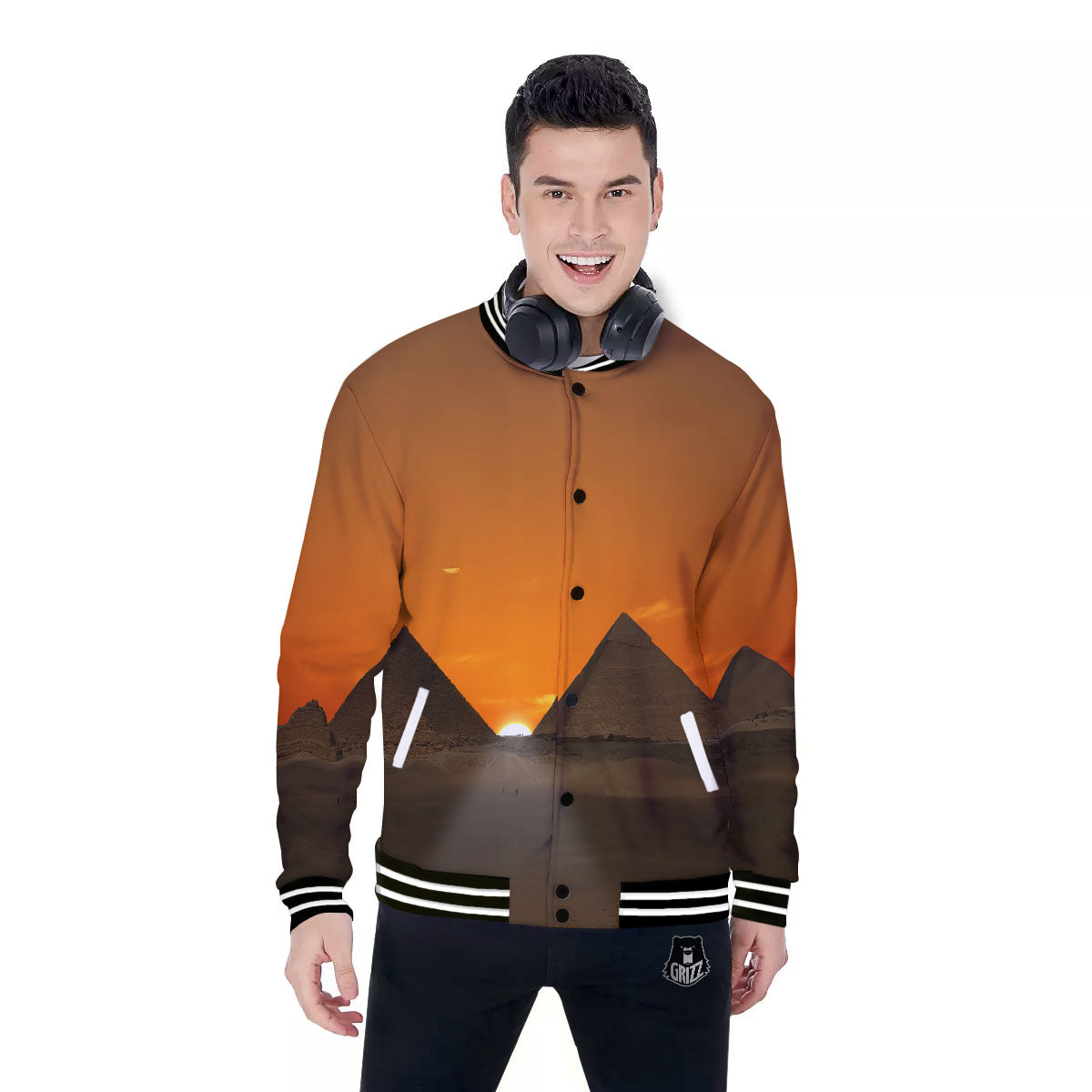 Sunset Pyramid Print Baseball Jacket-grizzshop