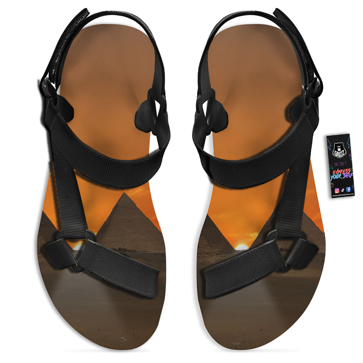 Sunset Pyramid Print Black Open Toe Sandals-grizzshop