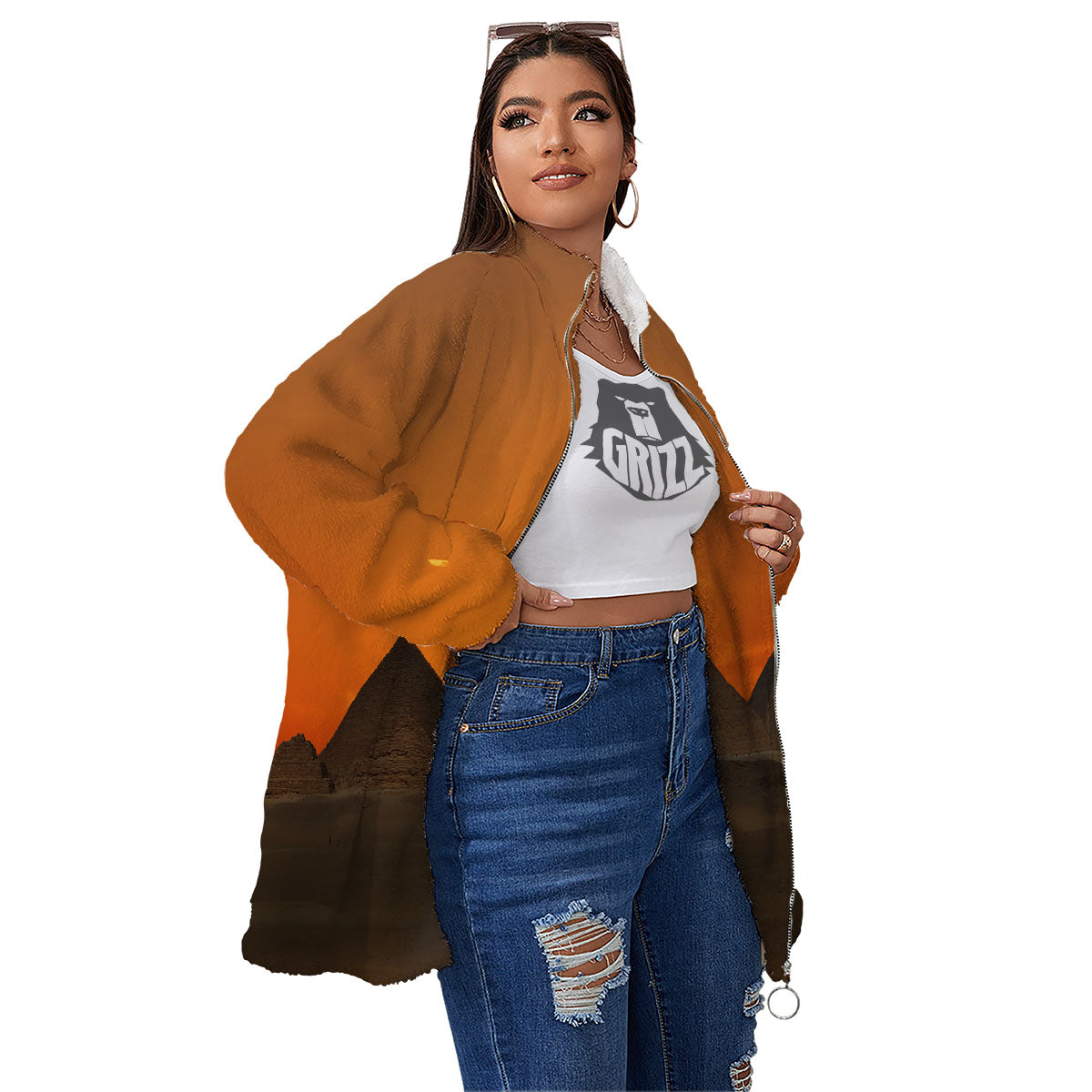 Sunset Pyramid Print Women's Sherpa Jacket-grizzshop