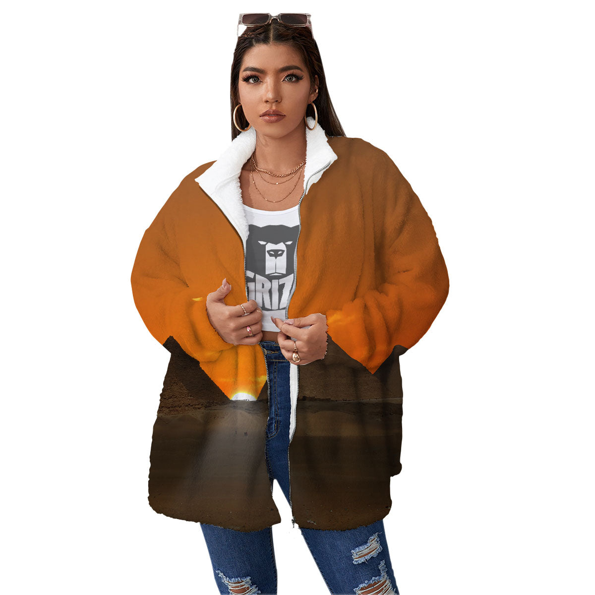 Sunset Pyramid Print Women's Sherpa Jacket-grizzshop