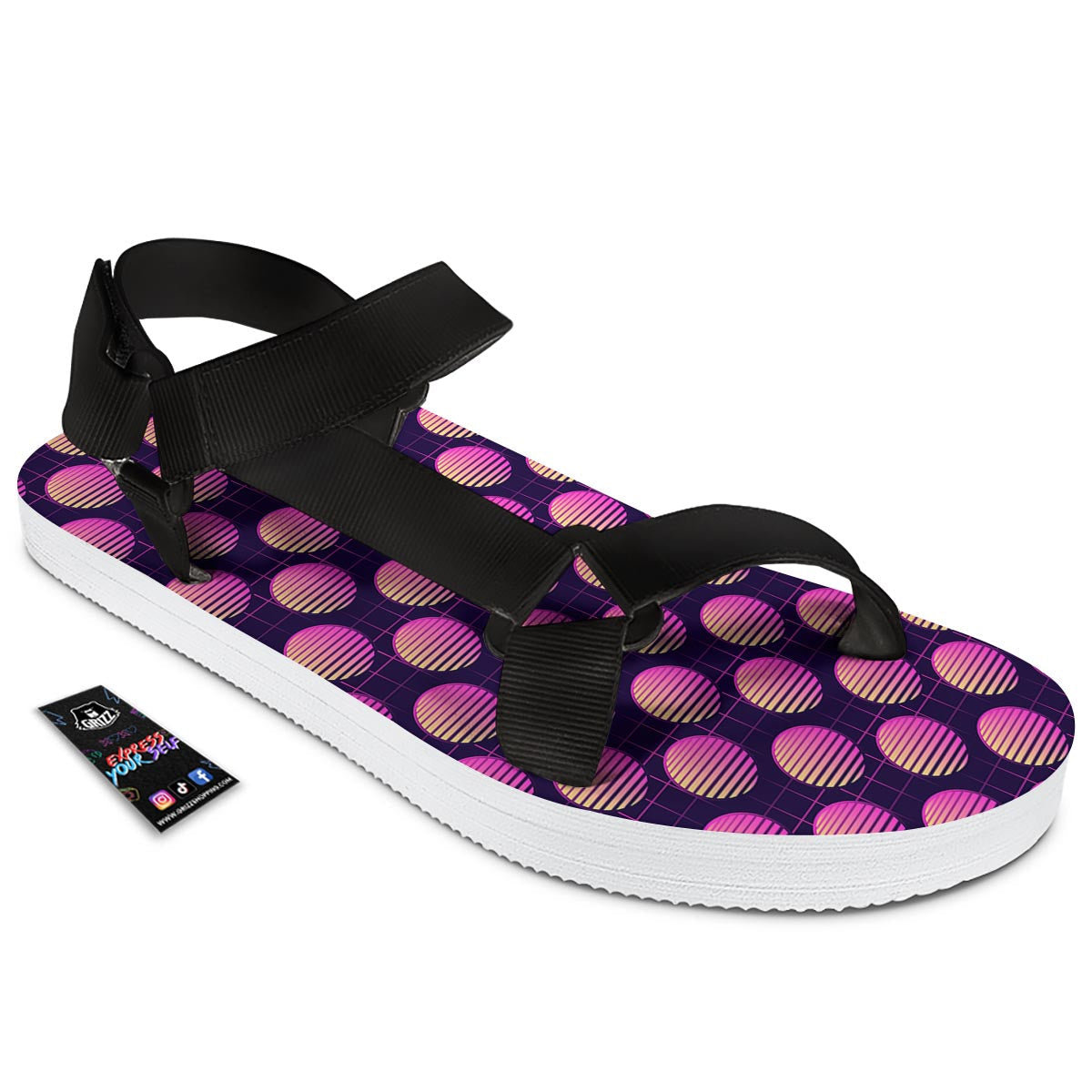 Sunset Retrowave Print Pattern Black Open Toe Sandals-grizzshop