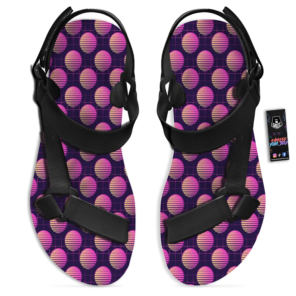 Sunset Retrowave Print Pattern Black Open Toe Sandals-grizzshop