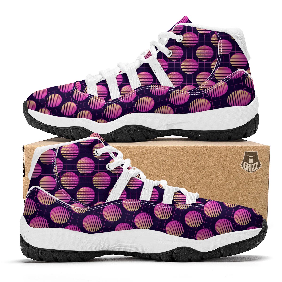 Sunset Retrowave Print Pattern White Bball Shoes-grizzshop