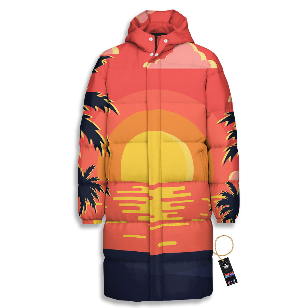 Sunset And Beach Pink Sky Print Long Down Jacket