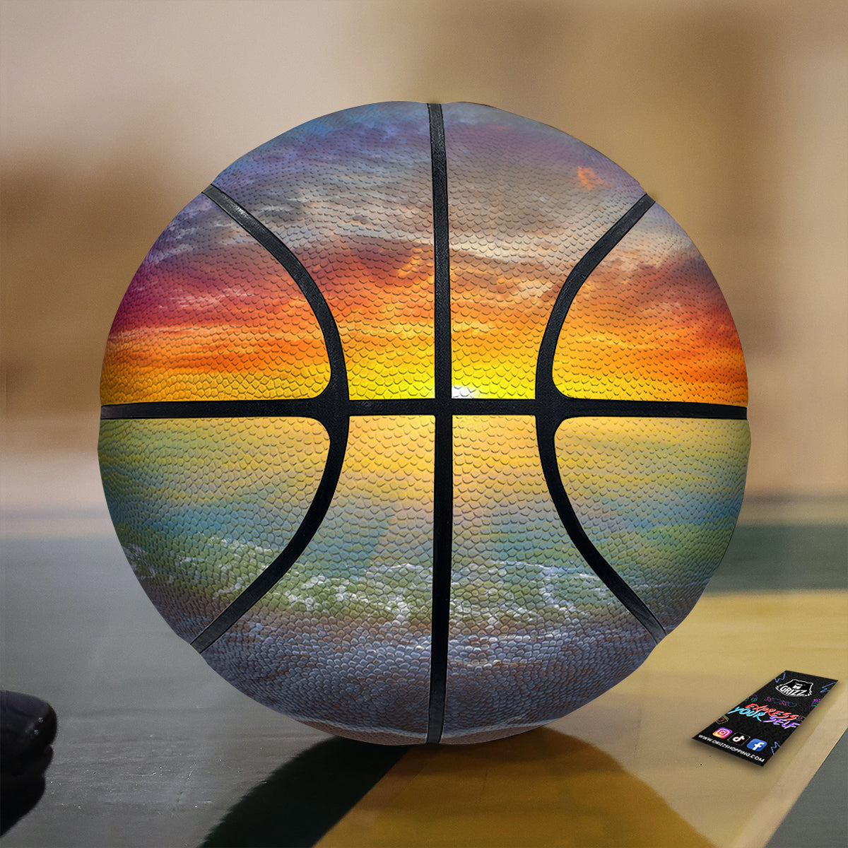 Sunset And Rainbow On Beach Print Basketball