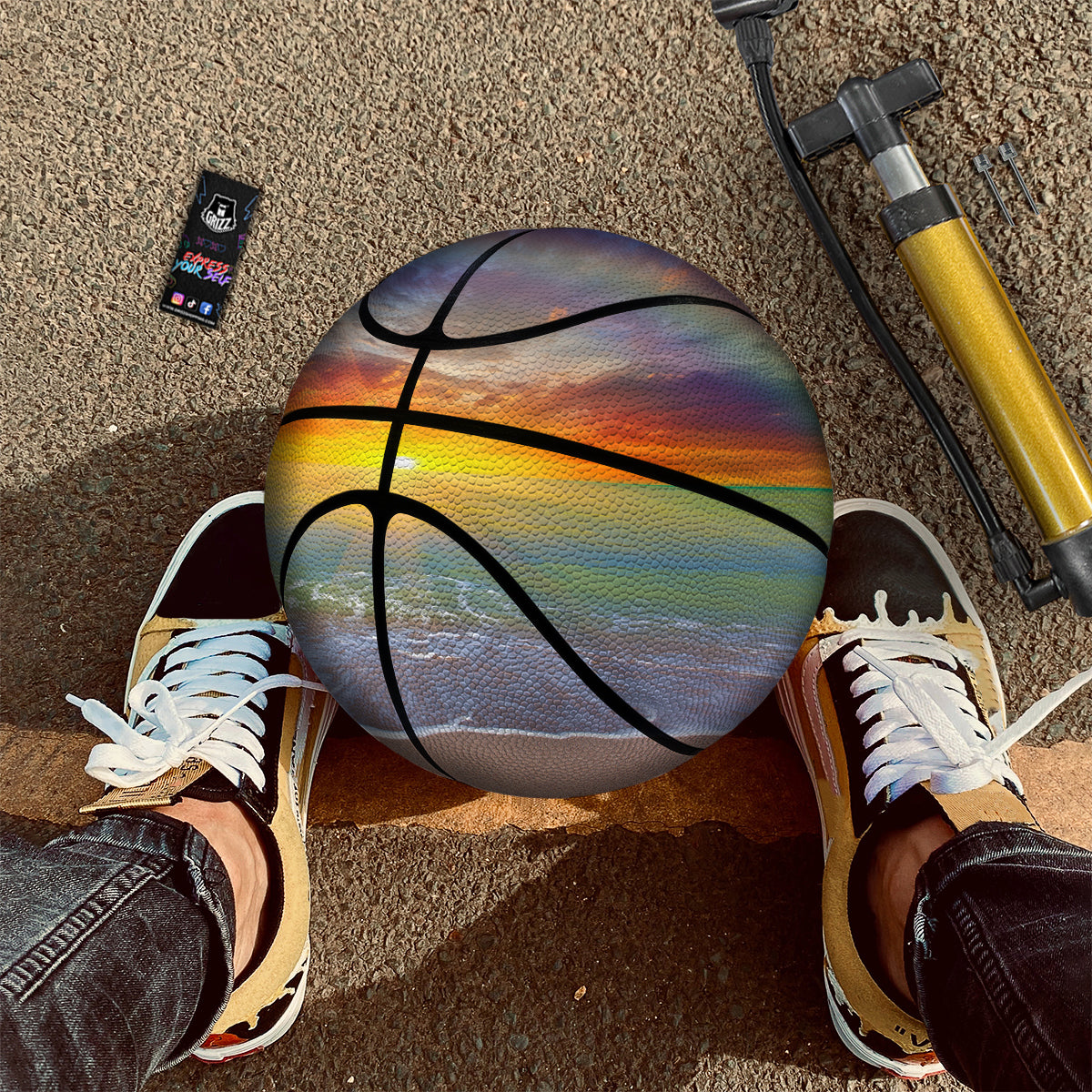 Sunset And Rainbow On Beach Print Basketball