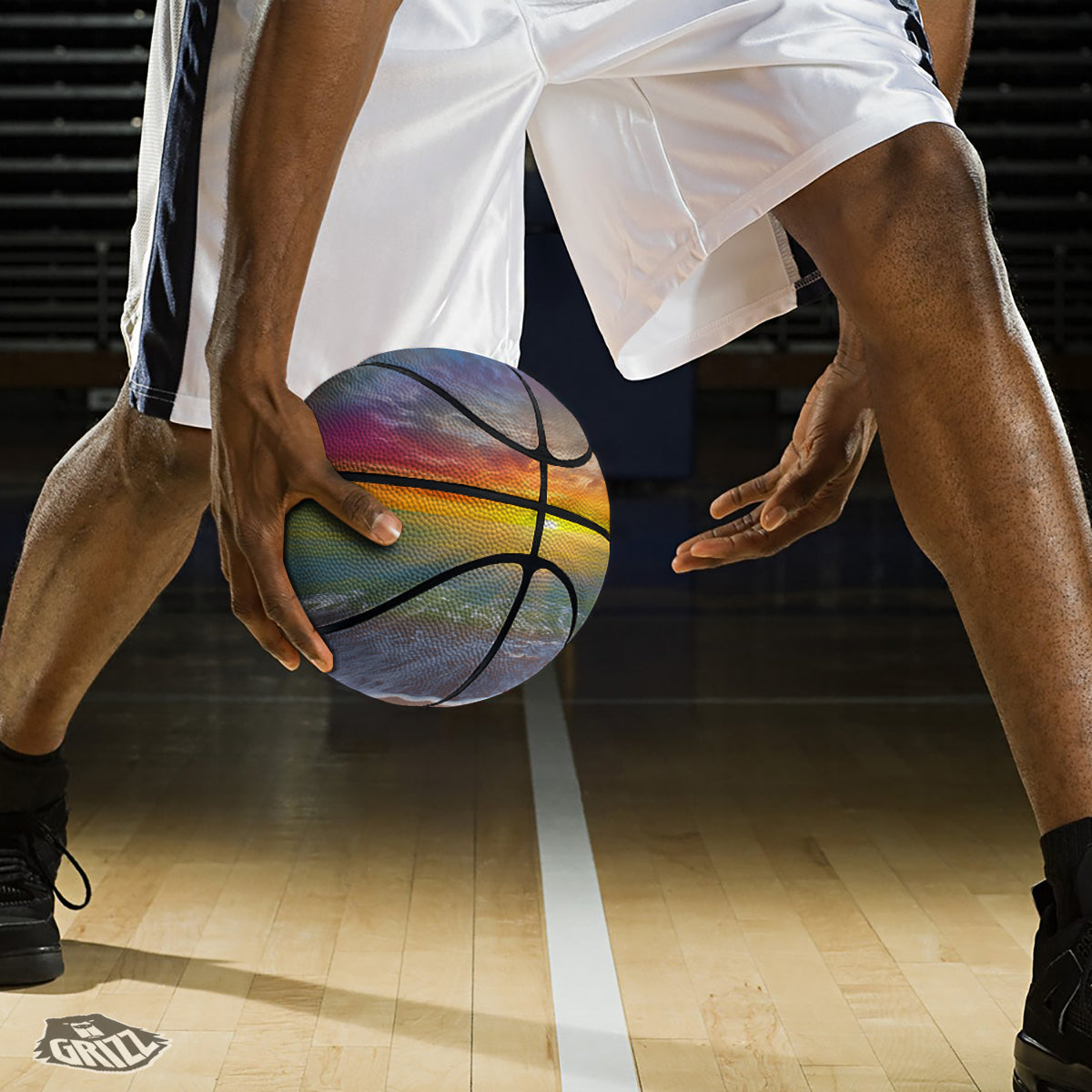 Sunset And Rainbow On Beach Print Basketball