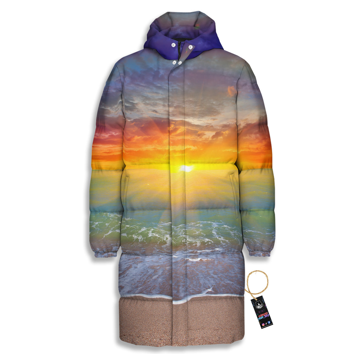 Sunset And Rainbow On Beach Print Long Down Jacket