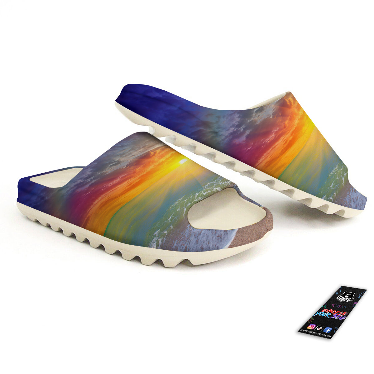 Sunset And Rainbow On Beach Print Sandals-grizzshop