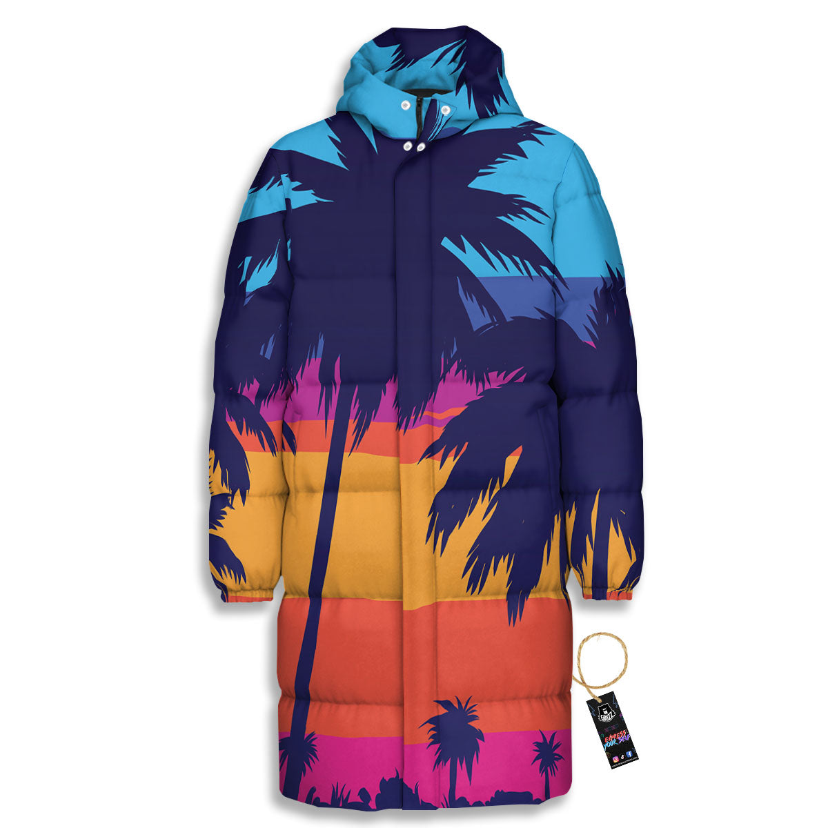 Sunset On The Beach And Palm Trees Print Long Down Jacket