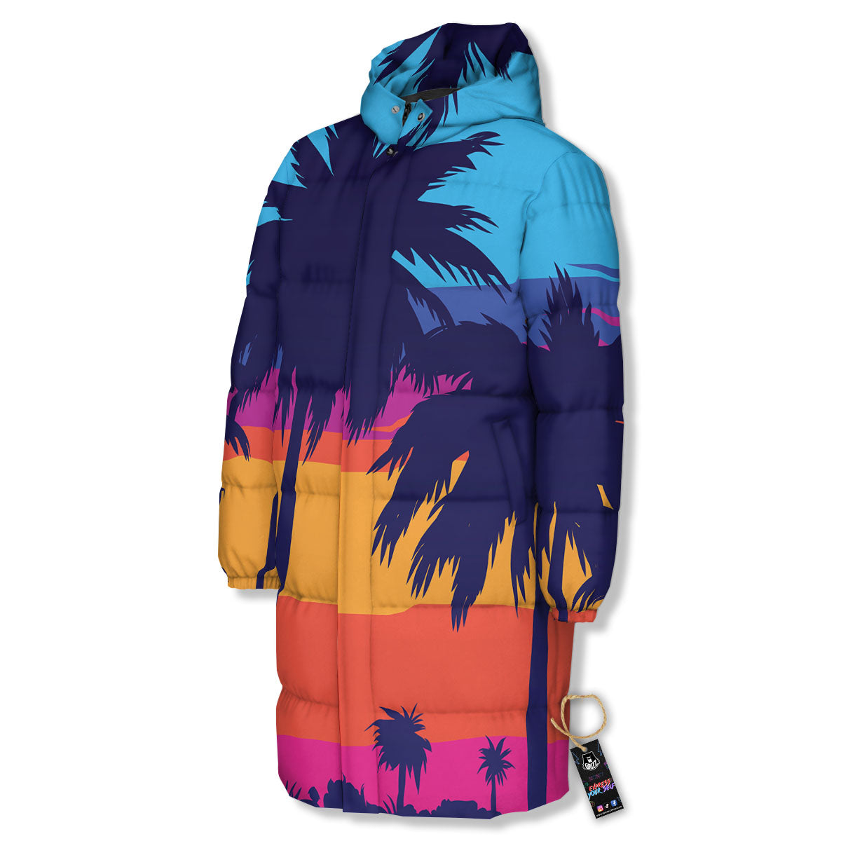 Sunset On The Beach And Palm Trees Print Long Down Jacket
