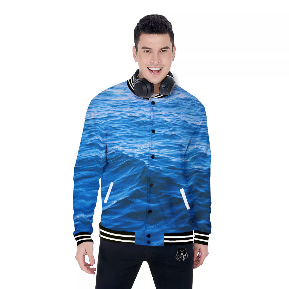 Surface Ocean Print Baseball Jacket-grizzshop