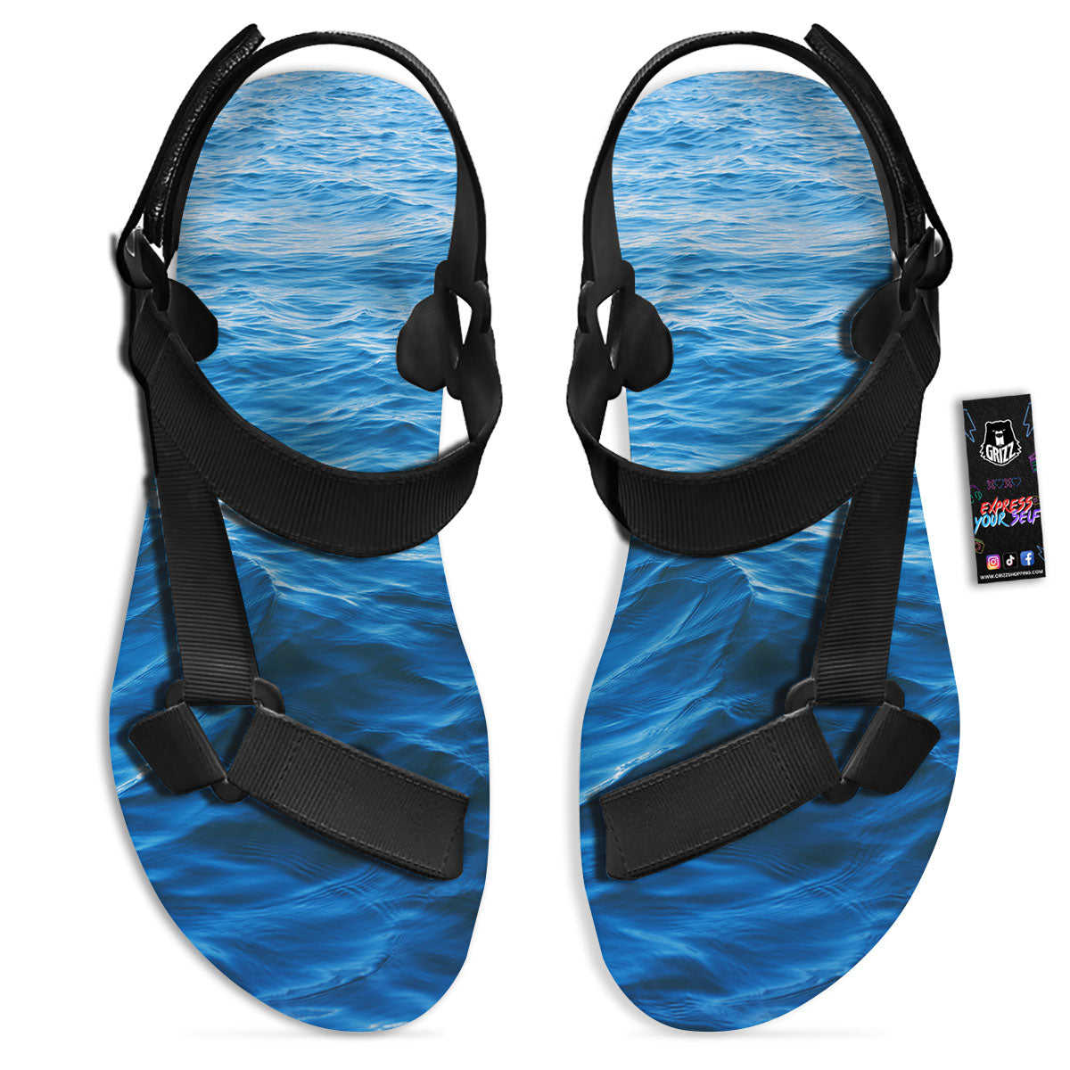 Surface Ocean Print Black Open Toe Sandals-grizzshop