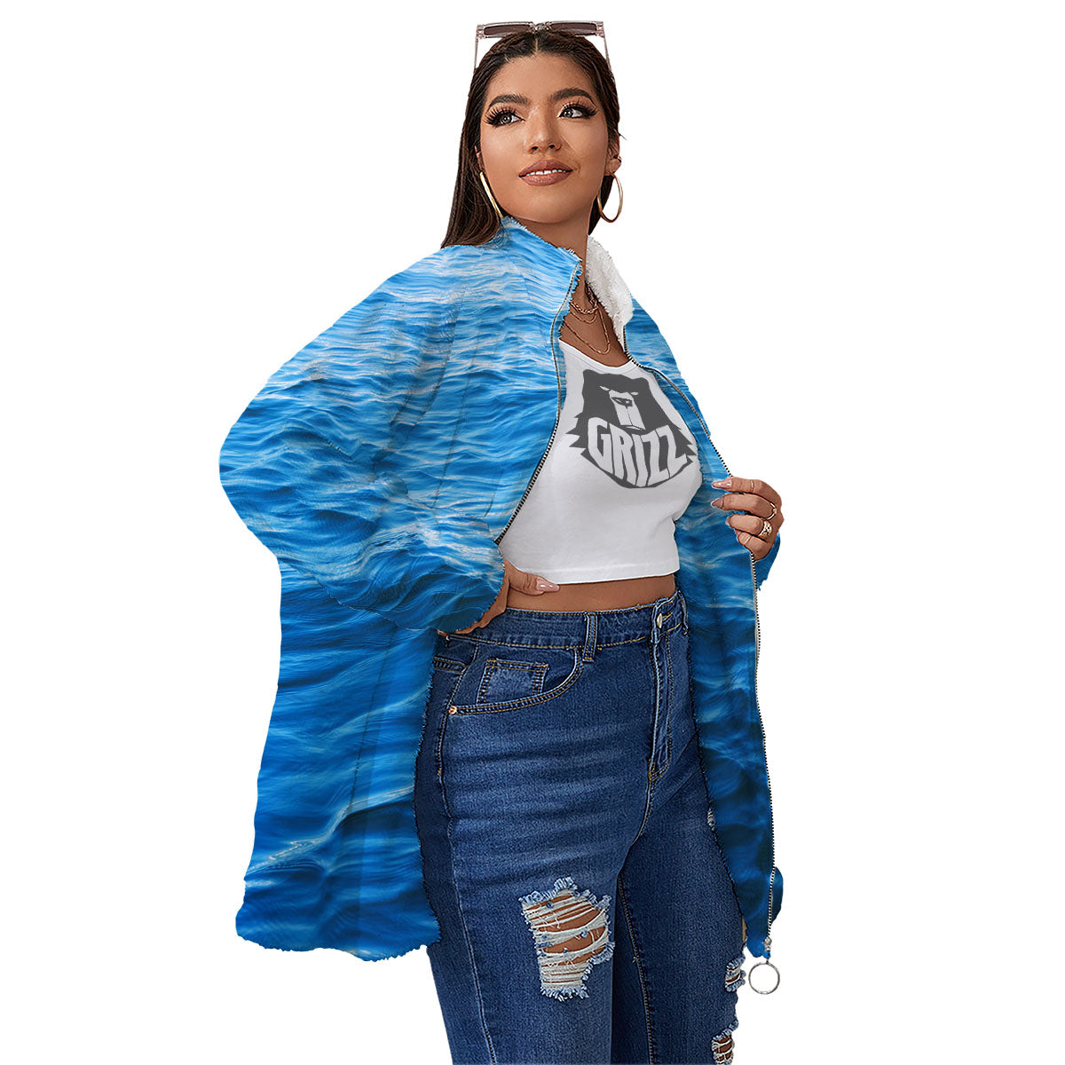 Surface Ocean Print Women's Sherpa Jacket-grizzshop
