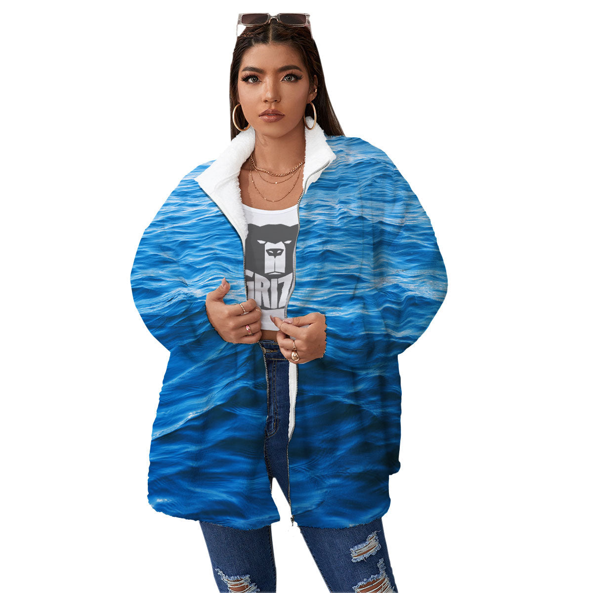 Surface Ocean Print Women's Sherpa Jacket-grizzshop