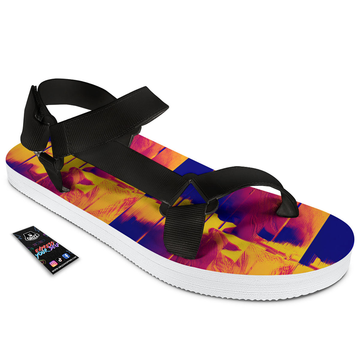 Surface Psychedelic Print Pattern Black Open Toe Sandals-grizzshop