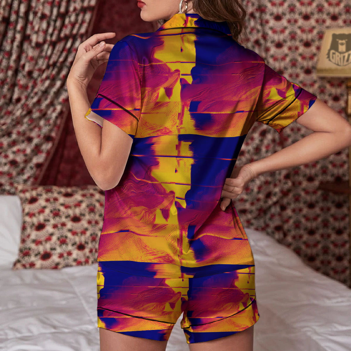 Surface Psychedelic Print Pattern Women Silk Pajamas-grizzshop