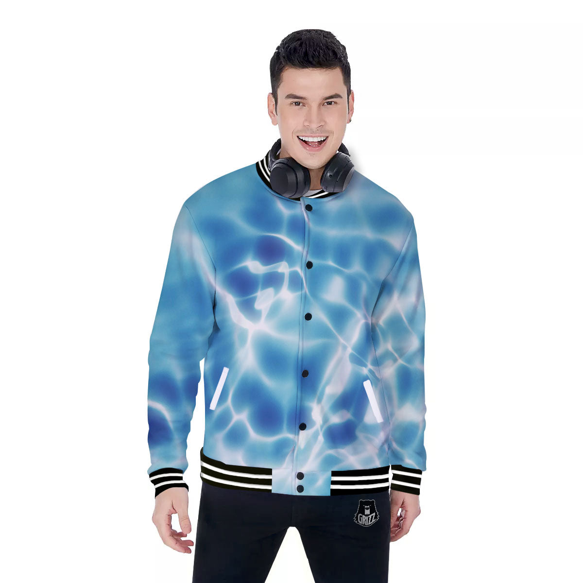 Surface Sea Water Print Baseball Jacket-grizzshop