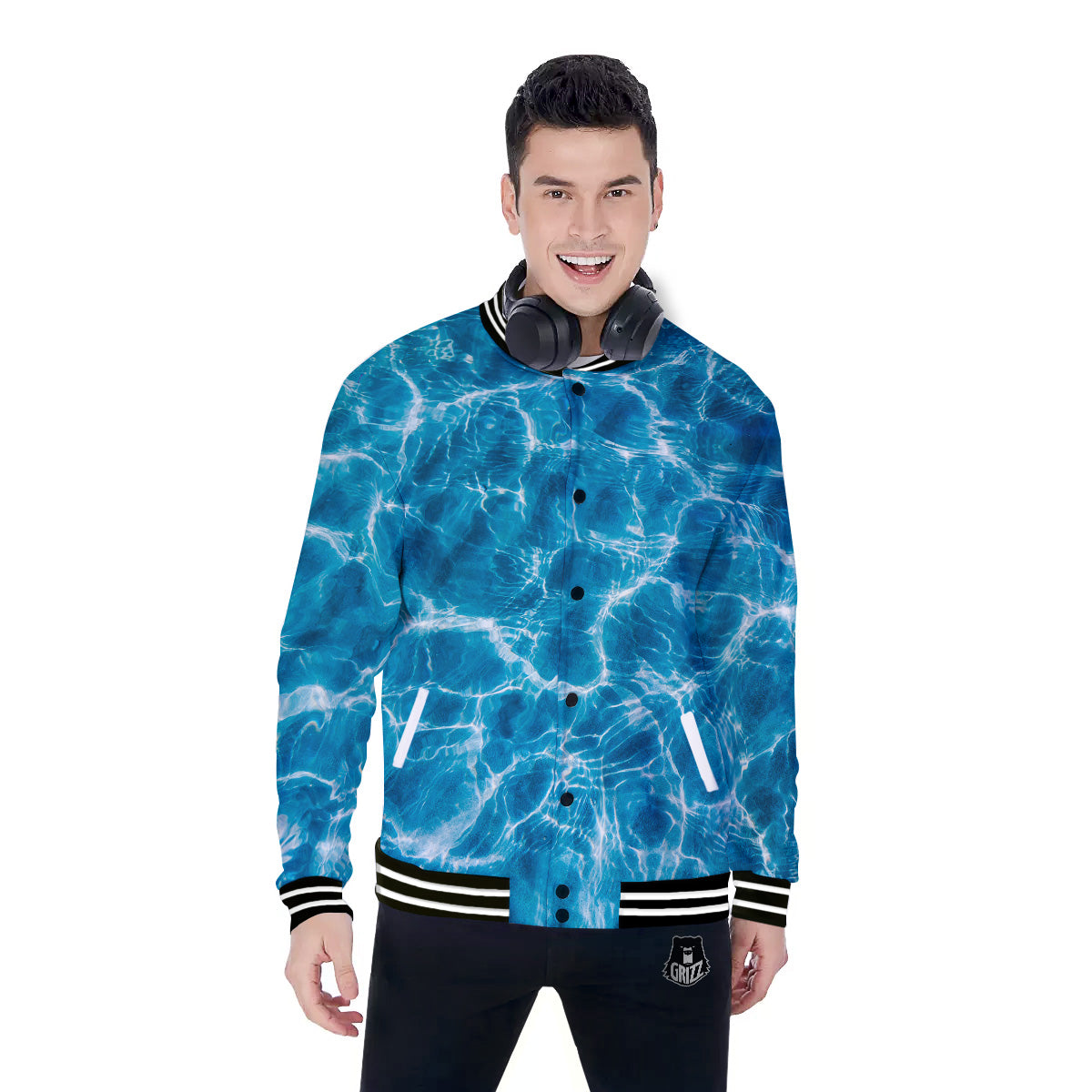 Surface Water Blue Print Baseball Jacket-grizzshop