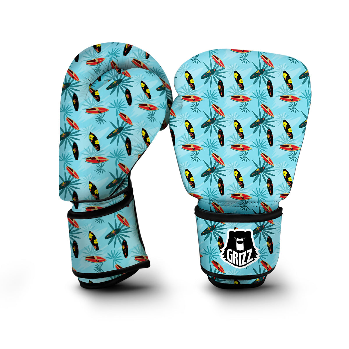 Surfboard Hibiscus Print Pattern Boxing Gloves-grizzshop