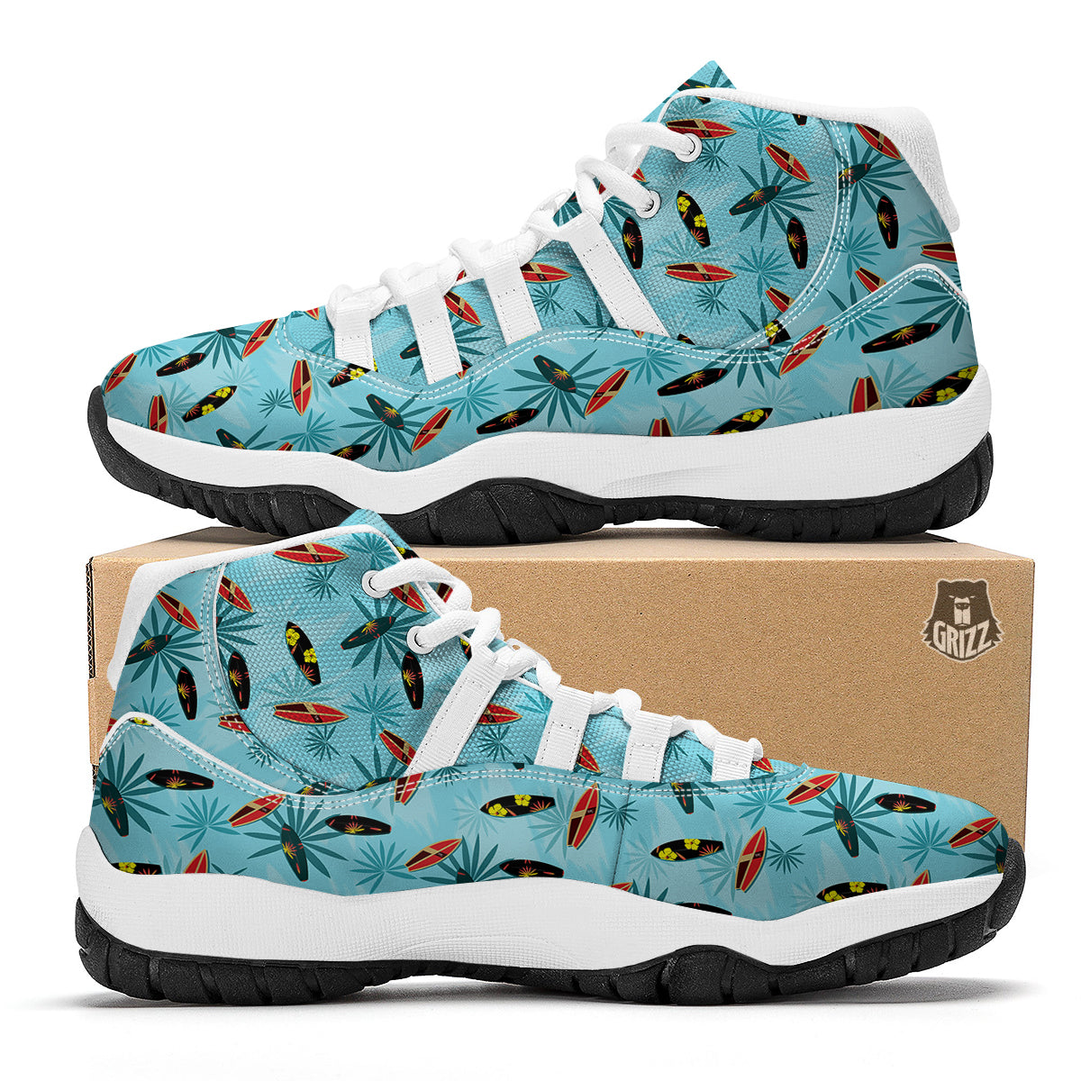 Surfboard Hibiscus Print Pattern White Bball Shoes-grizzshop