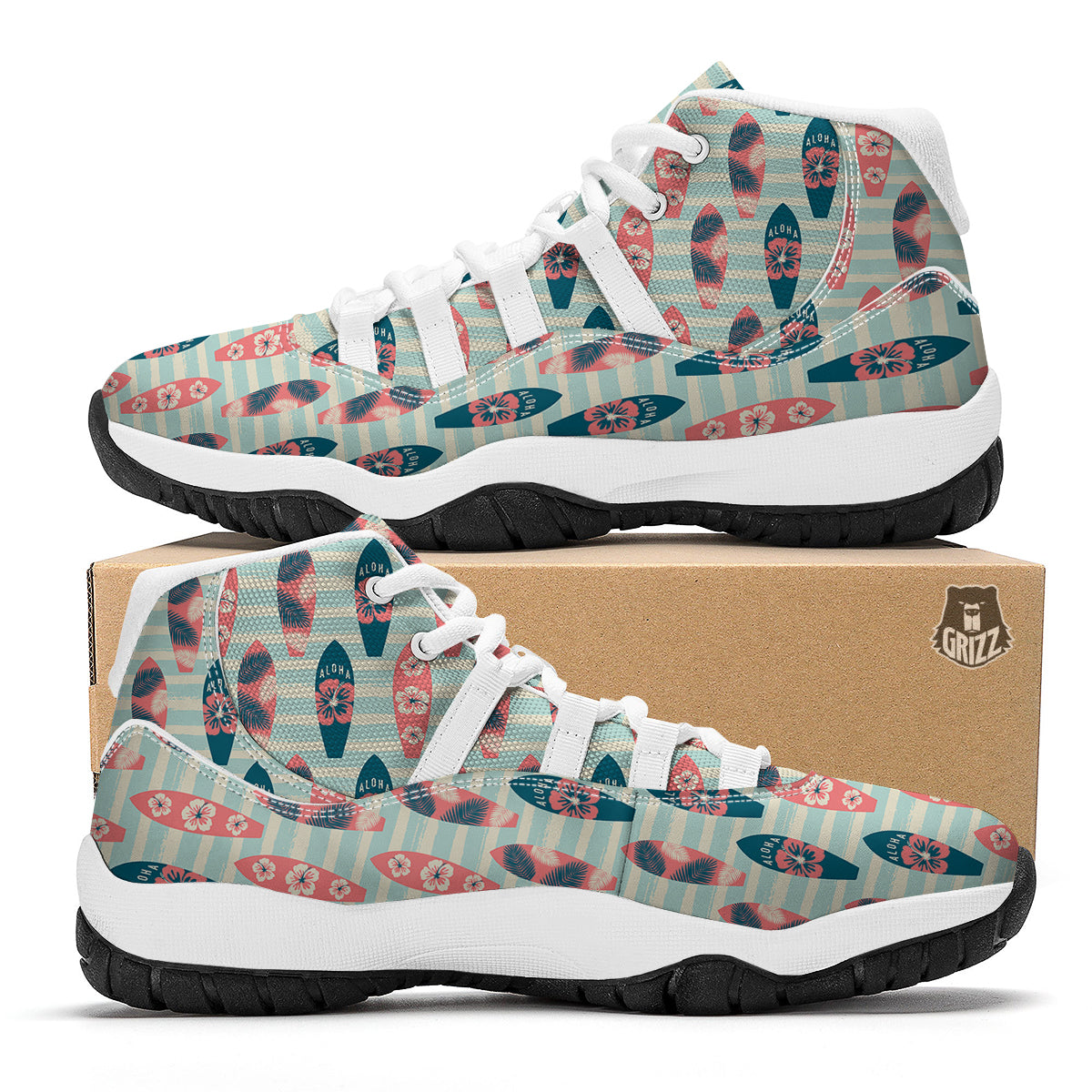 Surfboard Vintage Striped Print Pattern White Bball Shoes-grizzshop