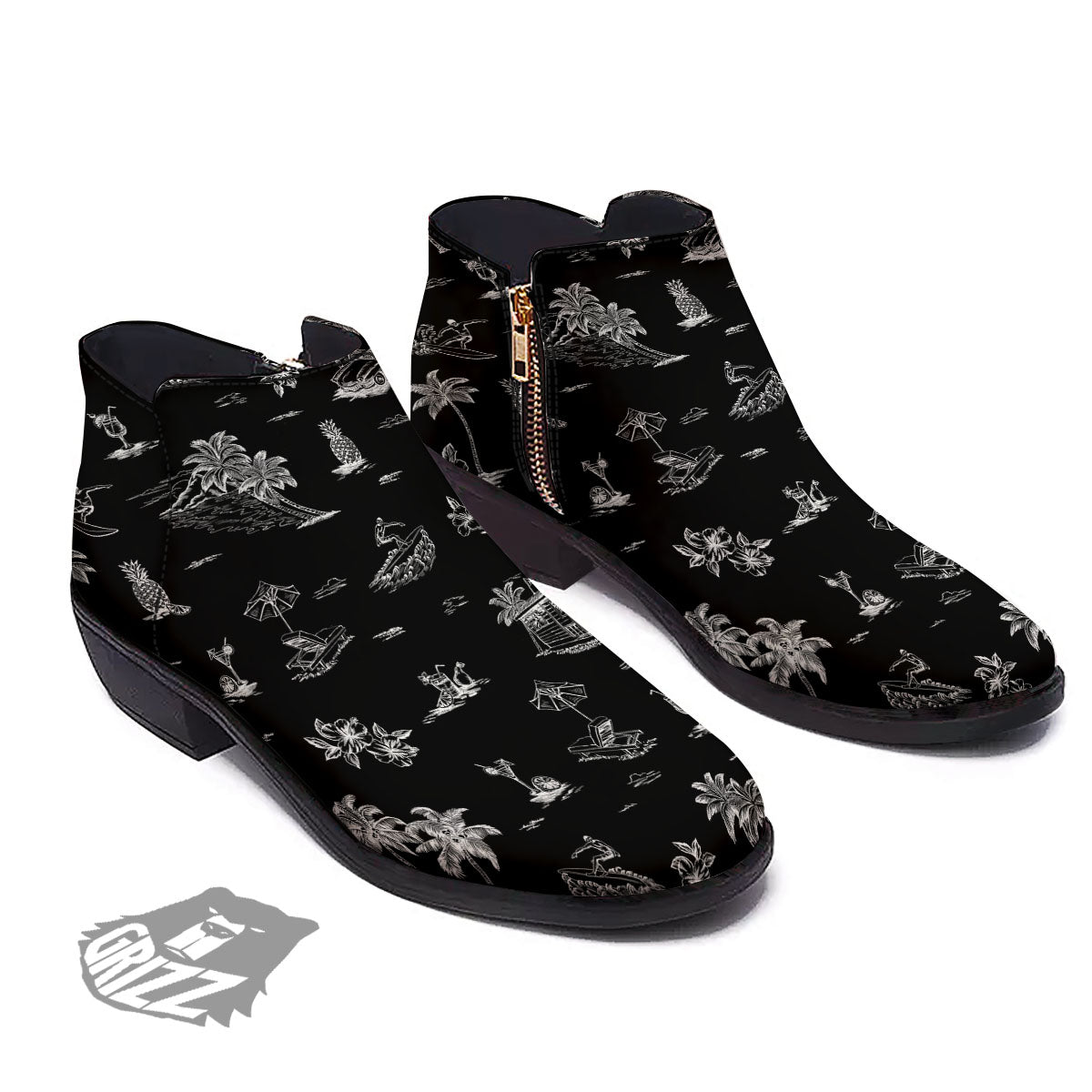 Surfing Black White Print Pattern Ankle Boots-grizzshop