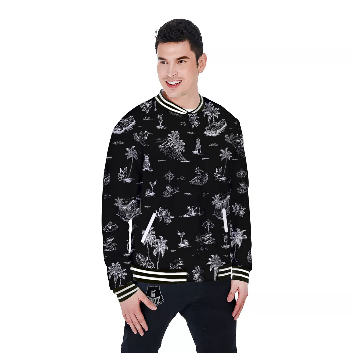Surfing Black White Print Pattern Baseball Jacket-grizzshop