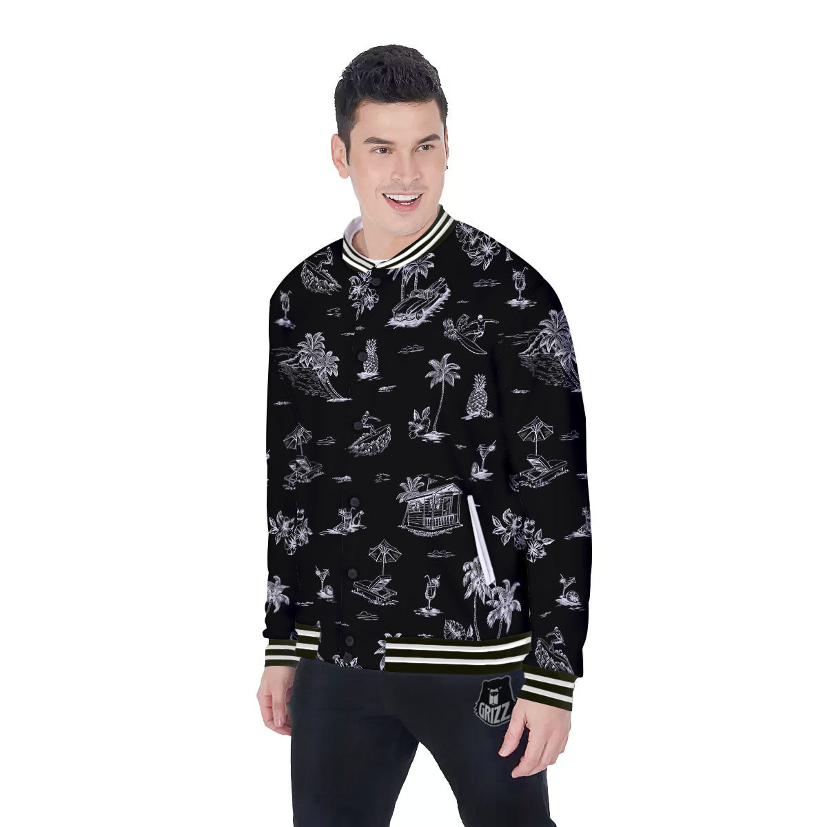 Surfing Black White Print Pattern Baseball Jacket-grizzshop