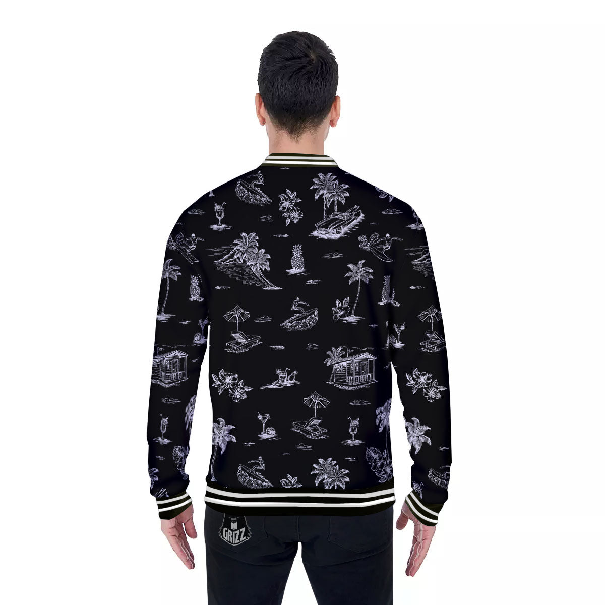 Surfing Black White Print Pattern Baseball Jacket-grizzshop