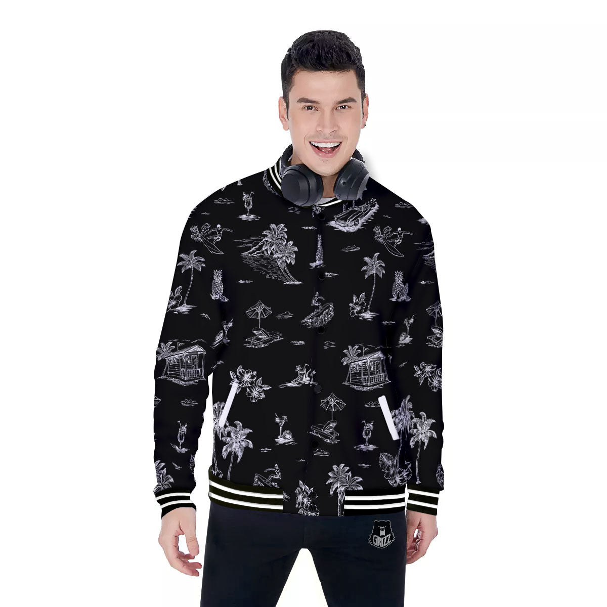 Surfing Black White Print Pattern Baseball Jacket-grizzshop