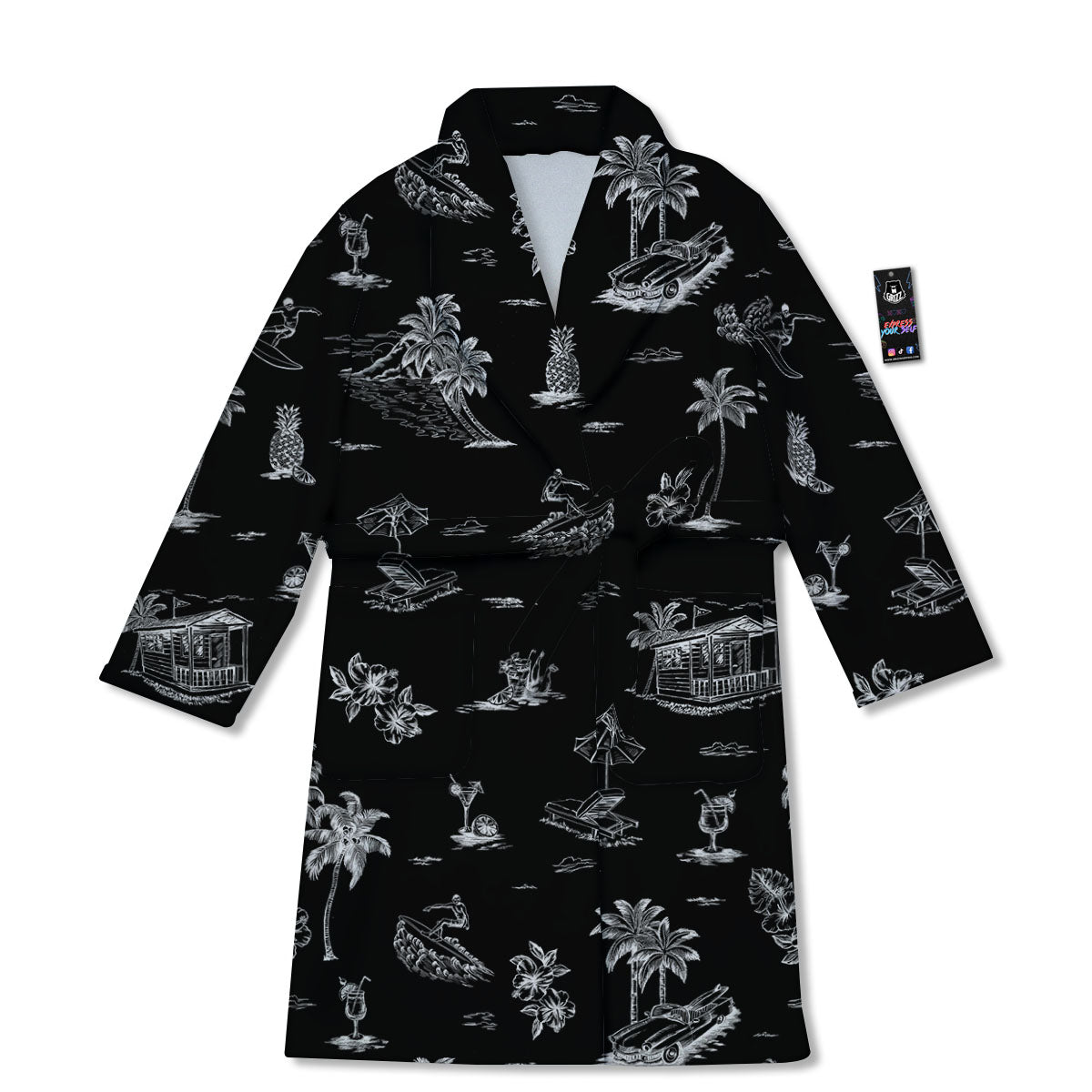 Surfing Black White Print Pattern Bathrobe-grizzshop