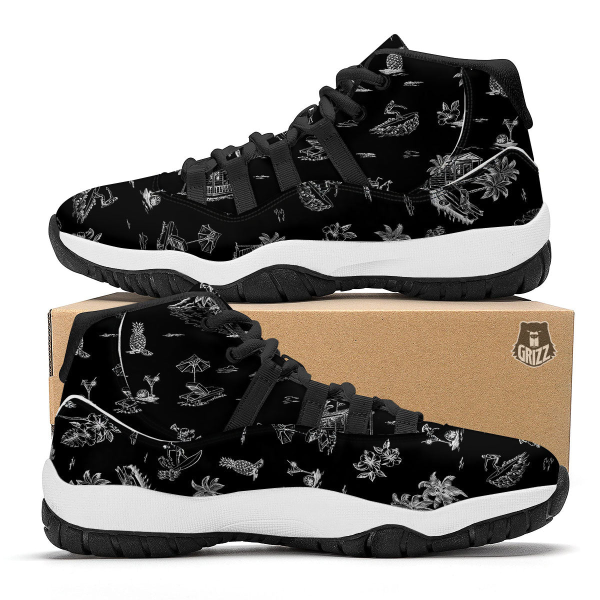 Surfing Black White Print Pattern Black Bball Shoes-grizzshop