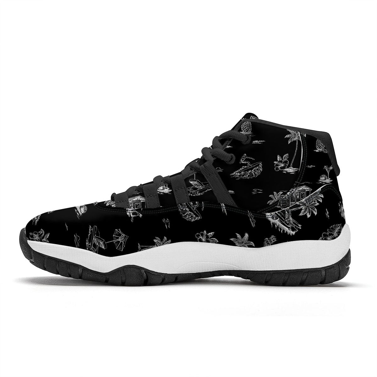 Surfing Black White Print Pattern Black Bball Shoes-grizzshop