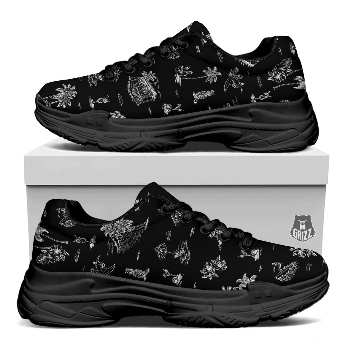 Surfing Black White Print Pattern Black Chunky Shoes-grizzshop