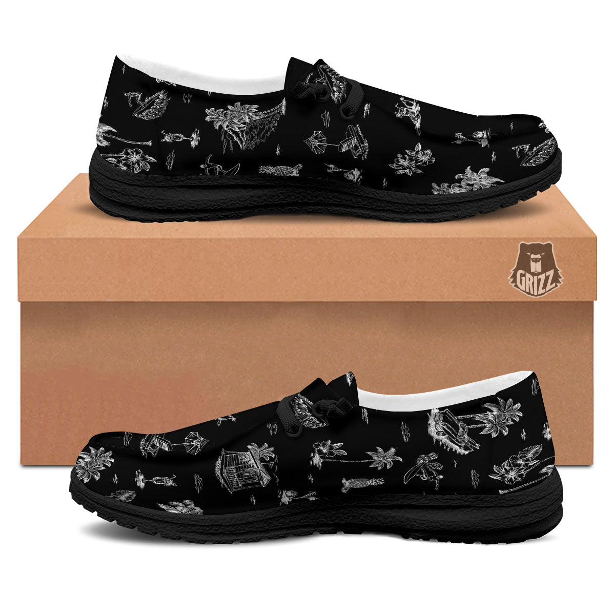Surfing Black White Print Pattern Black Loafers-grizzshop