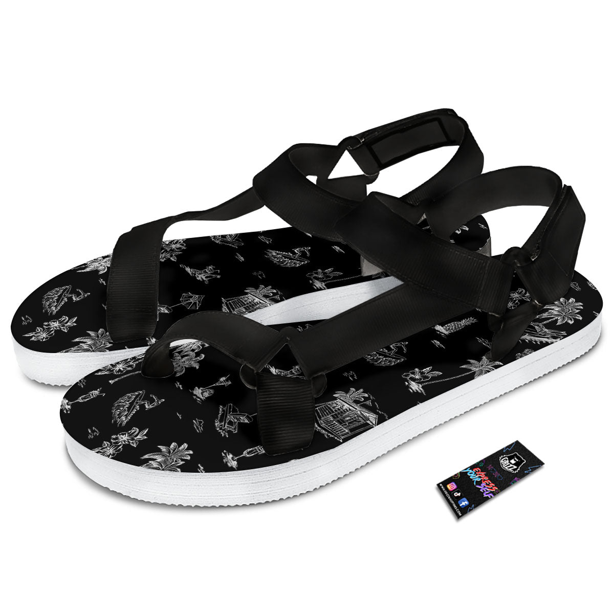 Surfing Black White Print Pattern Black Open Toe Sandals-grizzshop