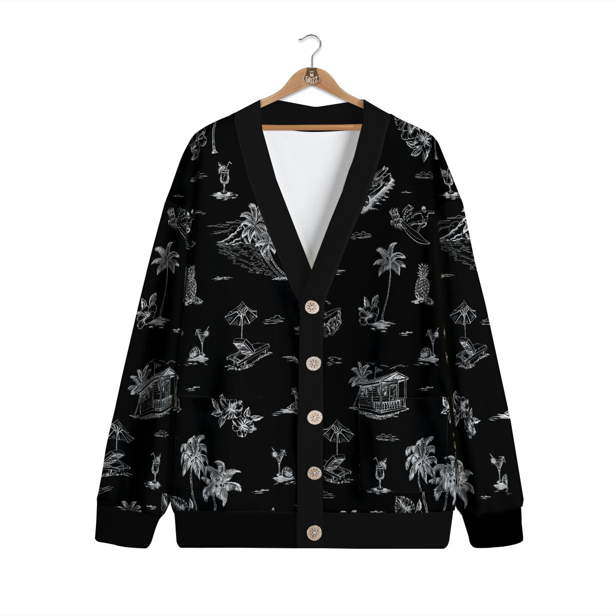 Surfing Black White Print Pattern Cardigan-grizzshop