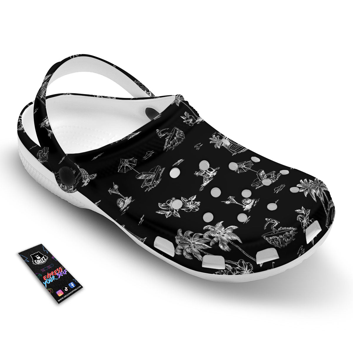 Surfing Black White Print Pattern Clog-grizzshop
