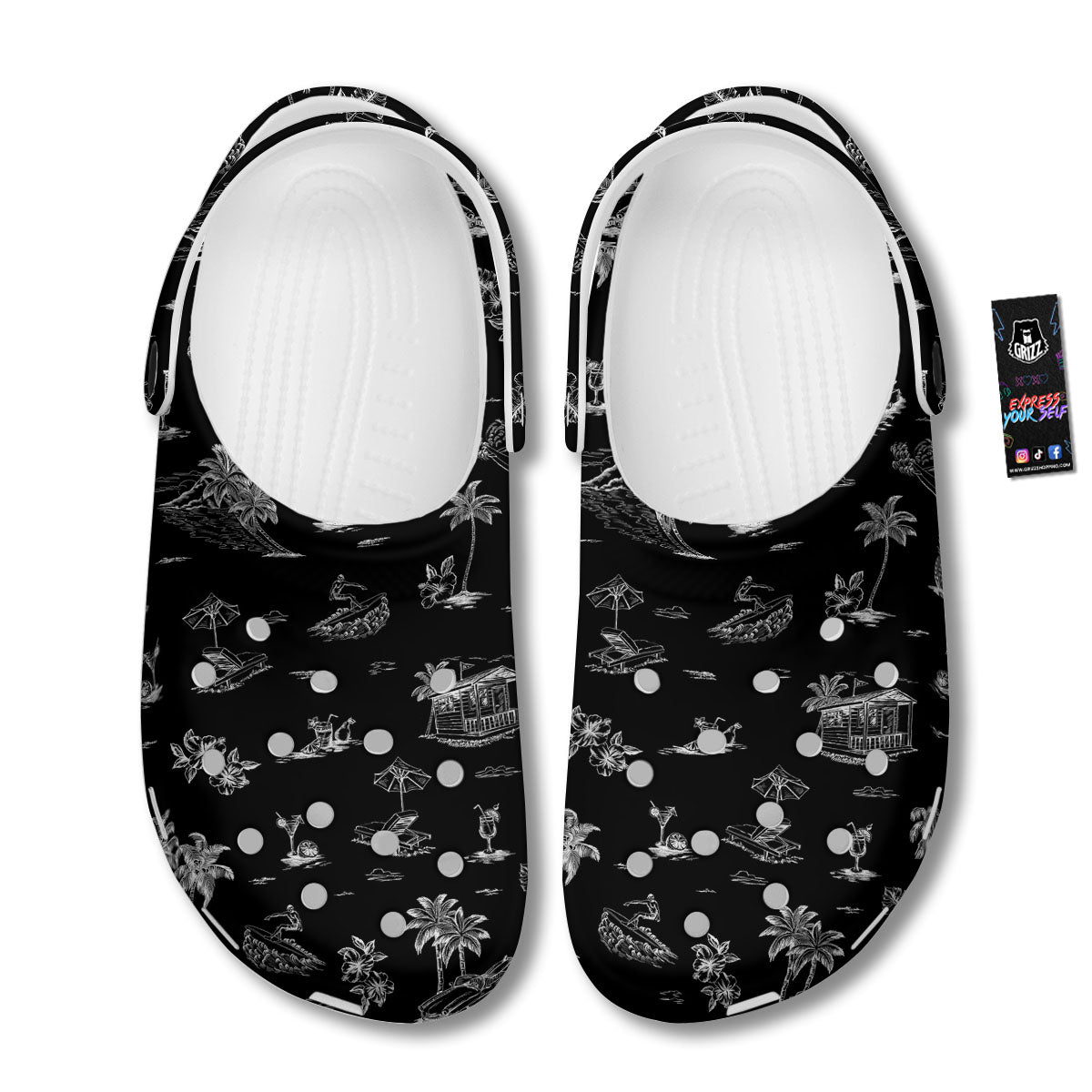 Surfing Black White Print Pattern Clog-grizzshop