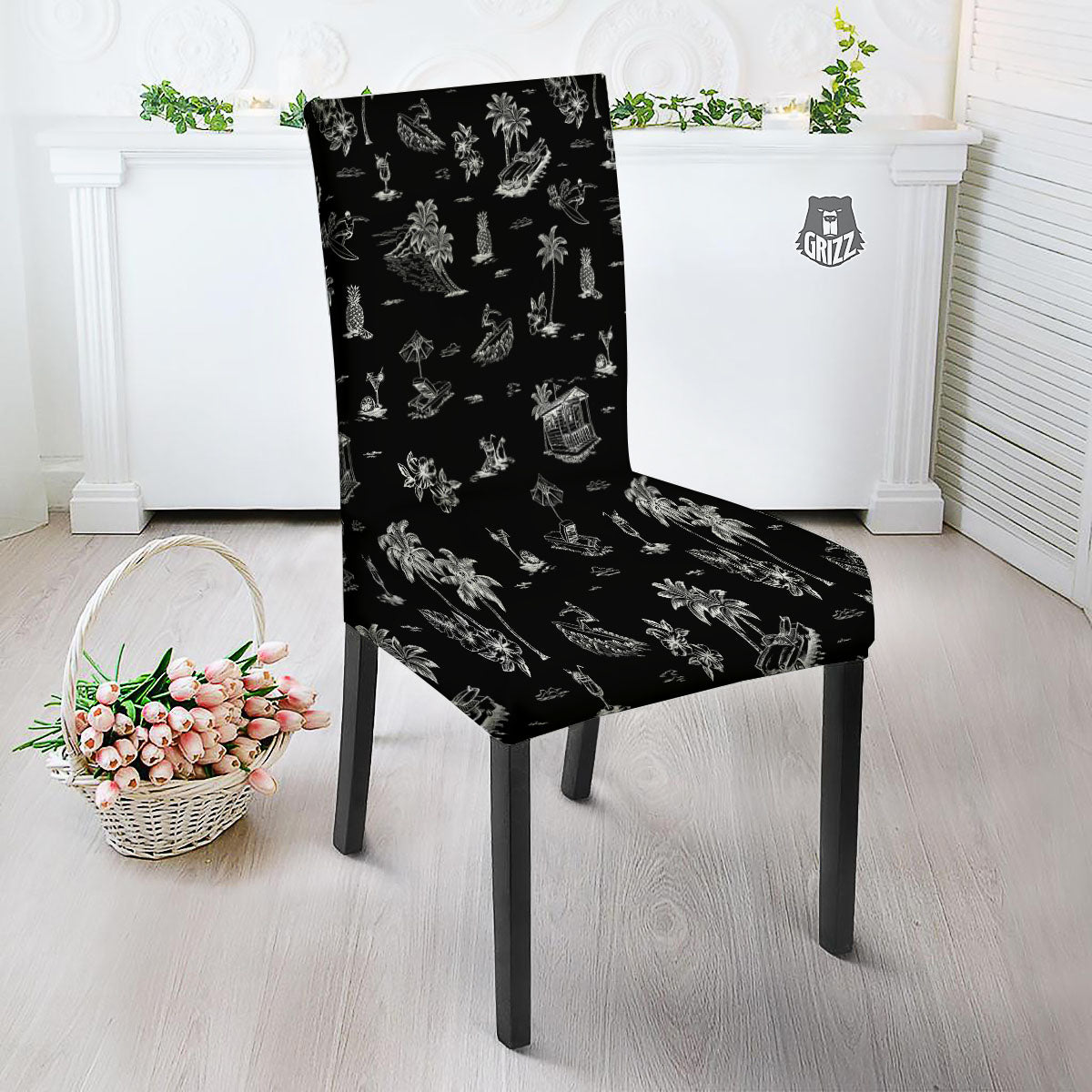 Surfing Black White Print Pattern Dining Chair Slipcover-grizzshop