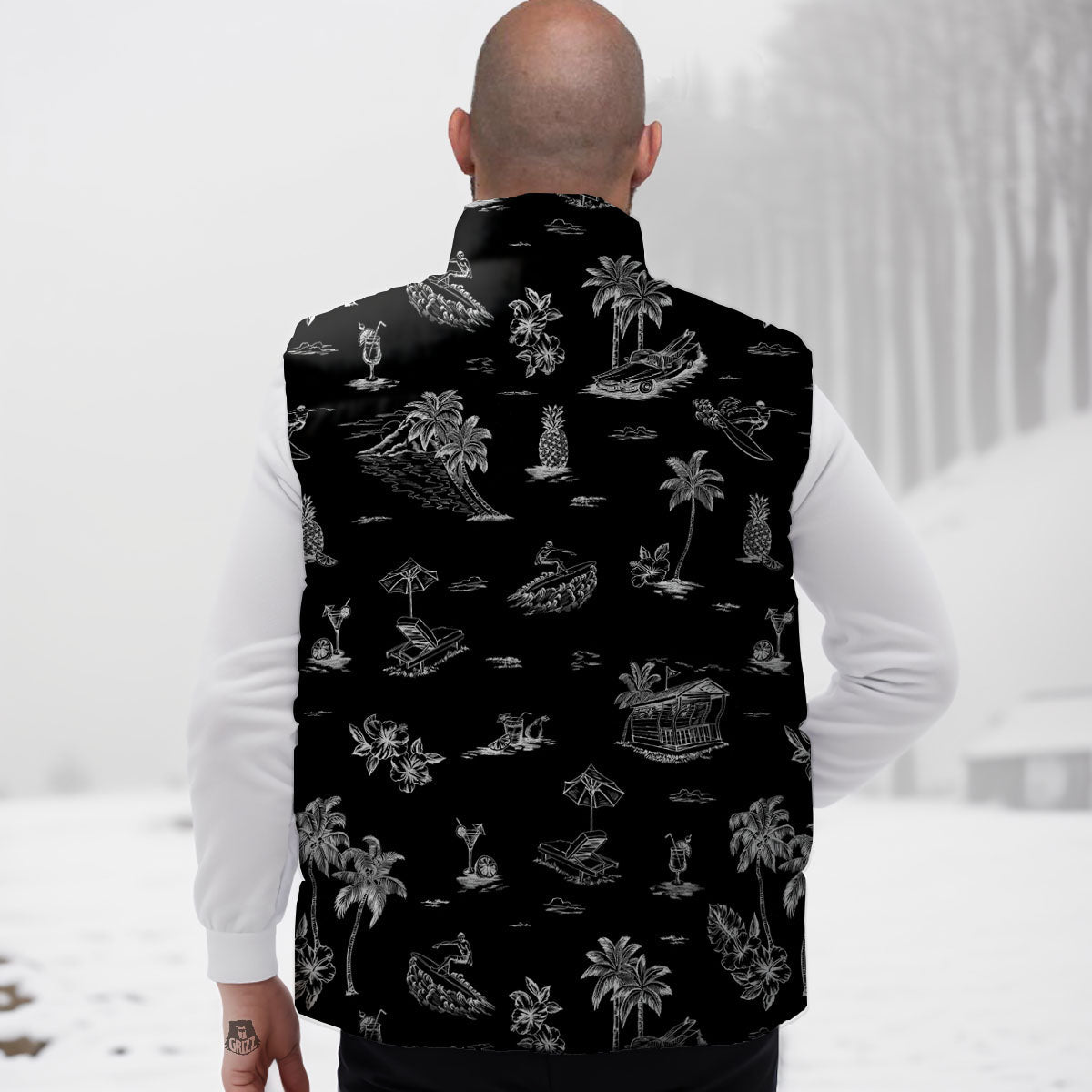 Surfing Black White Print Pattern Down Vest
