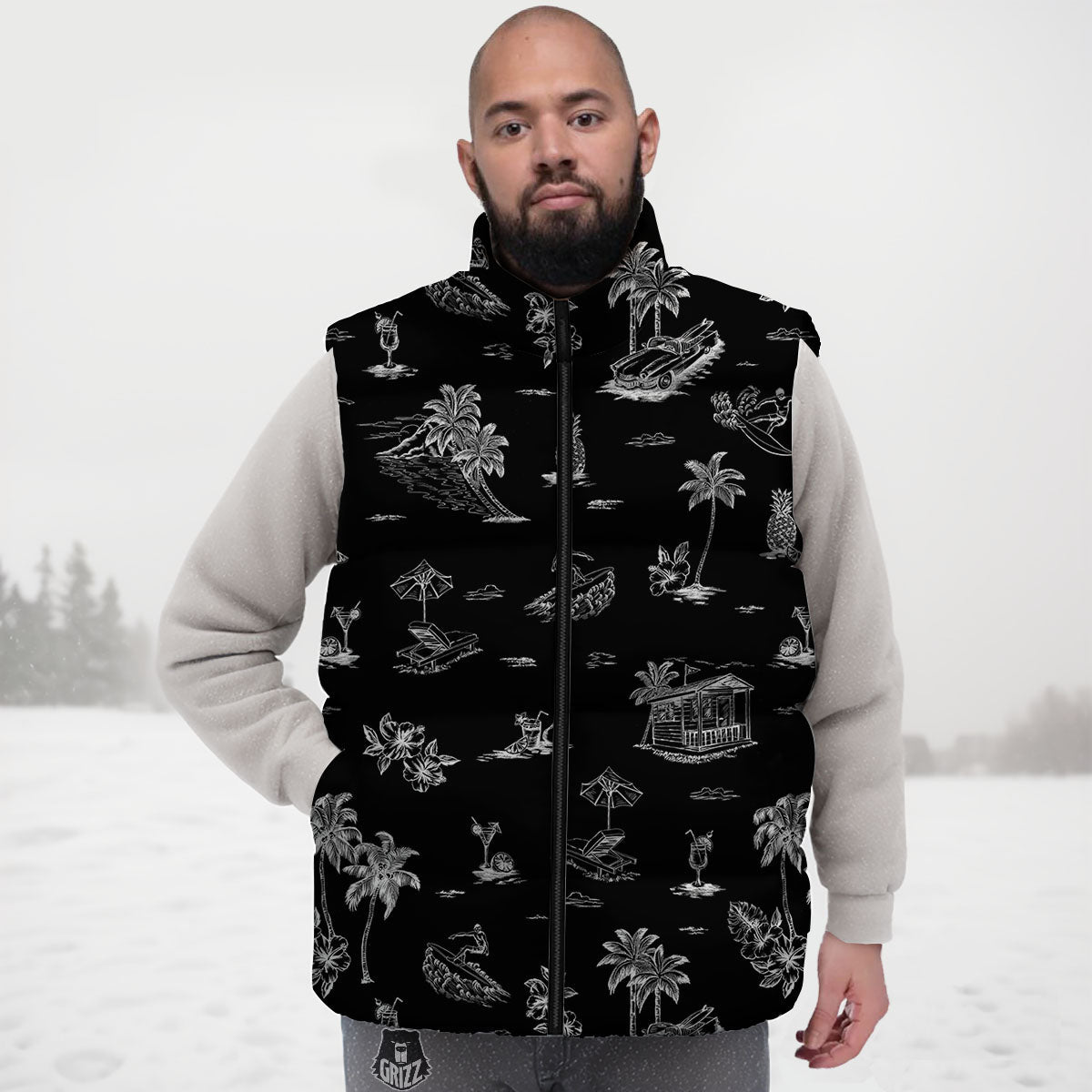 Surfing Black White Print Pattern Down Vest
