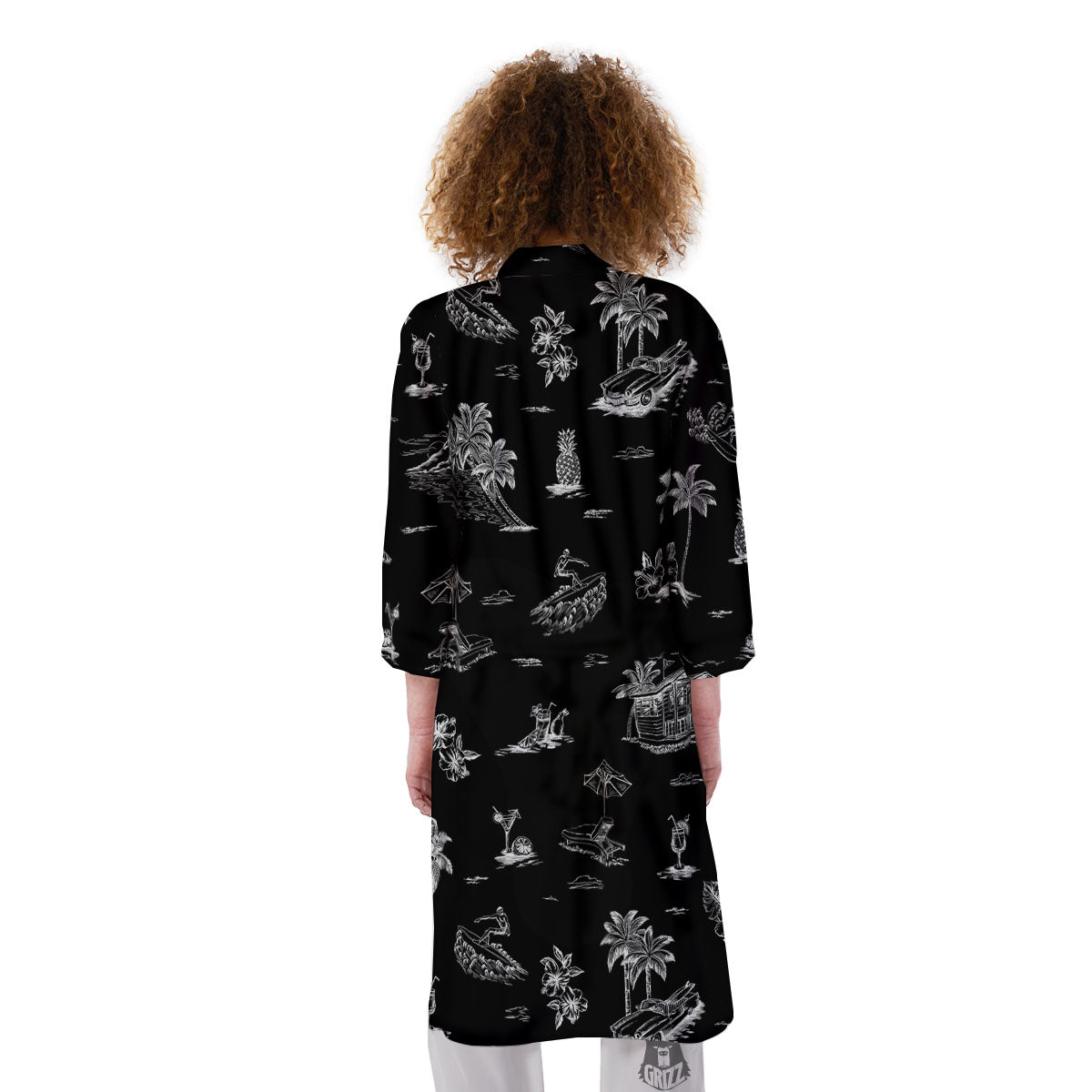 Surfing Black White Print Pattern Kimono-grizzshop