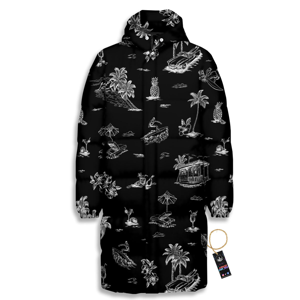 Surfing Black White Print Pattern Long Down Jacket-grizzshop