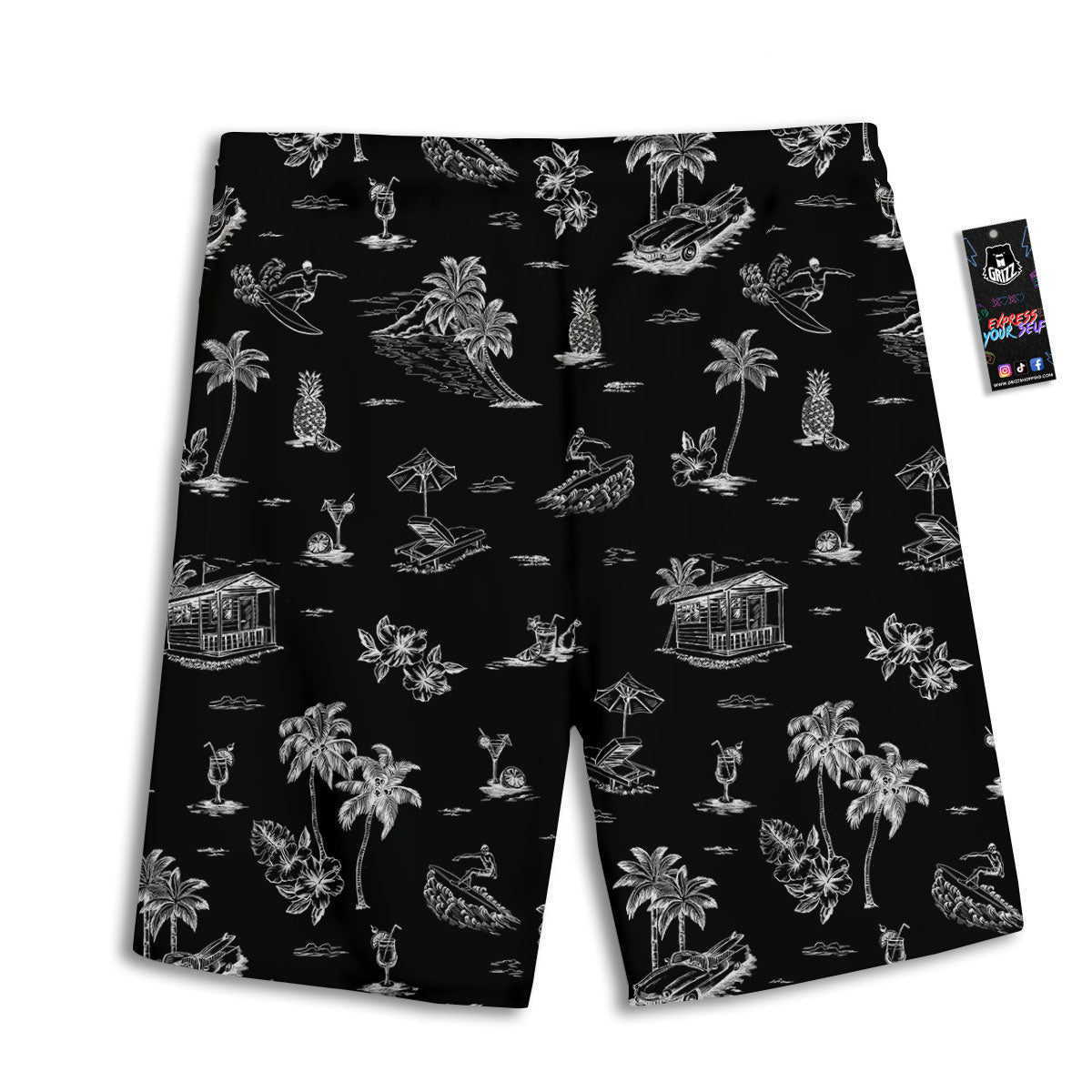 Surfing Black White Print Pattern Men's Athletic Shorts